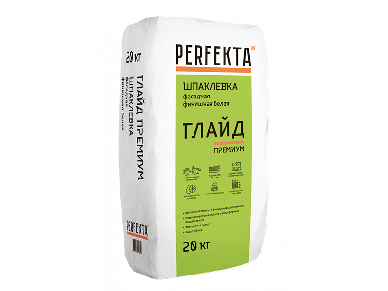 УЦЕНКА Шпаклевка цементная фасадная финишная до 6мм PERFEKTA ГЛАЙД ПРЕМИУМ белая 20кг (54), рис. 1
