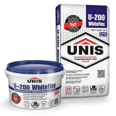 Клей д/плитки эластичный армиров.WHITEFLEX U-200 5кг БЕЛЫЙ банка ЮНИС, рис. 1